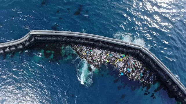 Aerial View: Massive Ocean Cleanup System in Action - Innovative Floating Barrier Corralling Plastic Waste for a Cleaner Future