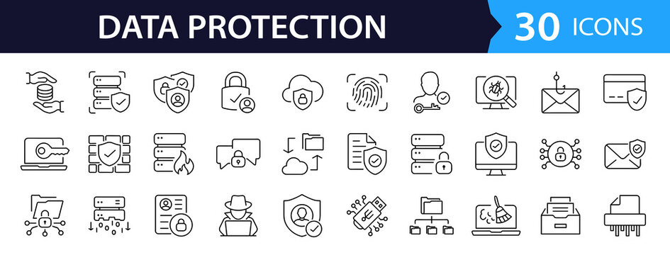 Data protection Web Icon Set in Line Style. Collection of Cyber security Linear Icons, Including Computer hacking, privacy, secured, technology, network, personal information and more. Editable Stroke