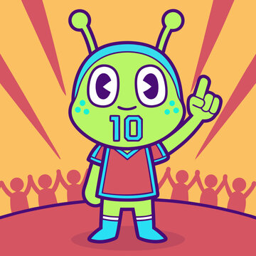 Cartoon Alien Soccer Star with Number Ten Jersey and Cheering Crowd
