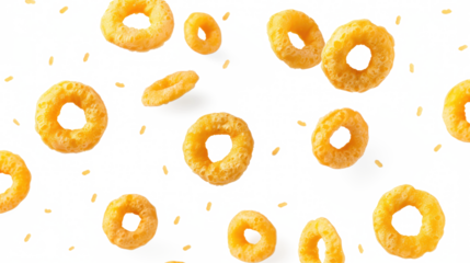 Bright and crunchy cereal pieces floating on transparent background create a playful and appetizing design