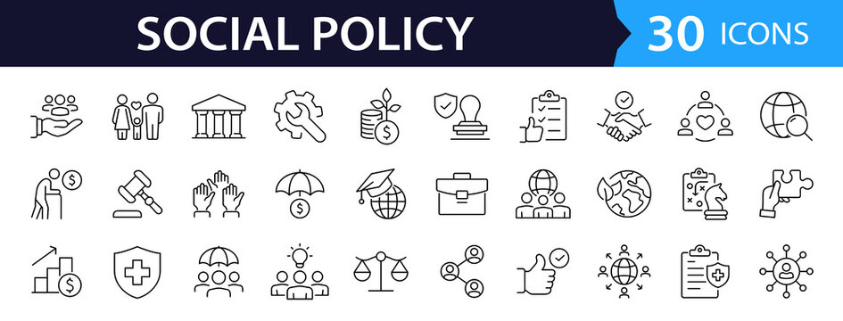 Social policy Web Icon Set in Line Style. Collection of Social services Linear Icons, Including, healthcare, family, education, protection, law, insurance, healthcare, reform and more. Editable Stroke