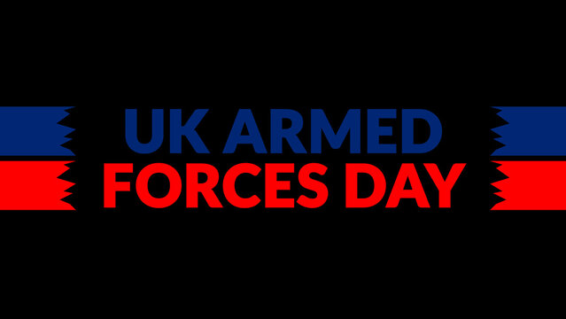 UK Armed Forces Day text with side lines on a black background. Which is observed every year in June to celebrate UK Armed Forces Day.