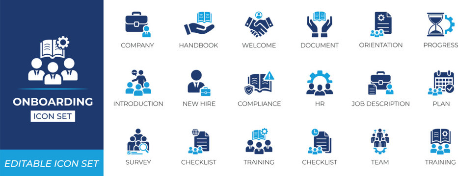 Onboarding icon set illustrating employee orientation, efficiency, guide, management, training, workflow, welcome, and hr processes for corporate and business projects.