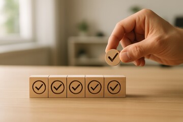 Hand placing a final wooden checkmark token into the last slot of a wooden progress bar made of natural light wood blocks, symbolizing task completion