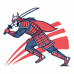 Dynamic Samurai Warrior Illustration with Sword and Red Accents on White Background