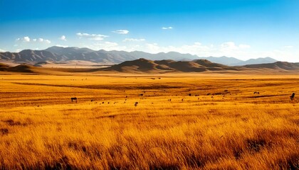 Obraz premium Paisaje de estepa dorada con animales pastando y montañas distantes​