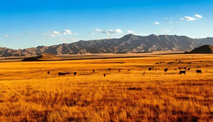 Fototapeta premium Paisaje de estepa dorada con animales pastando y montañas distantes​