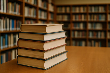 Books in the library stacked on a table.
