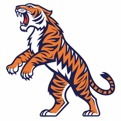 Stylized Orange and Navy Tiger Standing on Hind Legs with Open Mouth