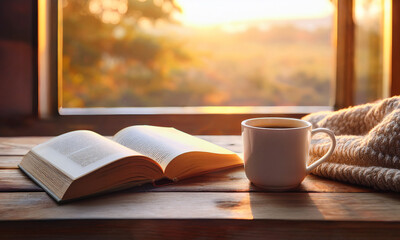 Cozy morning with coffee and book – warm lifestyle moment by the window