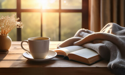 Cozy morning with coffee and book – warm lifestyle moment by the window