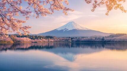 Mount Fuji and Cherry Blossoms Reflected in Lake at Sunrise Japan