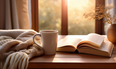 Cozy morning with coffee and book – warm lifestyle moment by the window