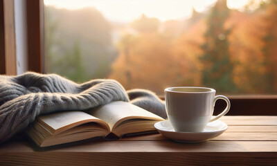 Cozy morning with coffee and book &ndash; warm lifestyle moment by the window