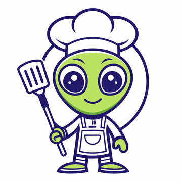 Cute Alien Chef Cartoon Character with Spatula and Chef s Hat Illustration
