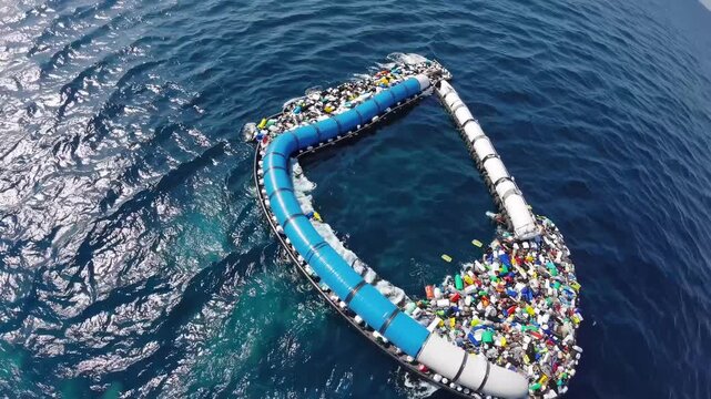Aerial View: Massive Ocean Cleanup System in Action - Innovative Floating Barrier Corralling Plastic Waste for a Cleaner Future