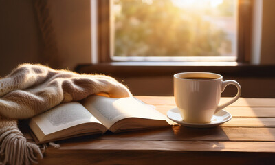 Cozy morning with coffee and book – warm lifestyle moment by the window