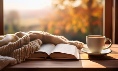 Cozy morning with coffee and book &ndash; warm lifestyle moment by the window