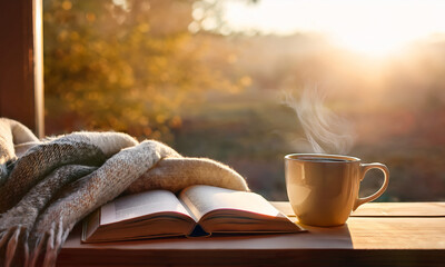 Cozy morning with coffee and book – warm lifestyle moment by the window