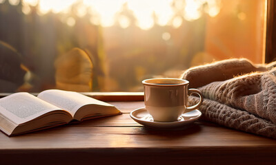 Cozy morning with coffee and book – warm lifestyle moment by the window