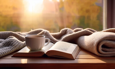 Cozy morning with coffee and book – warm lifestyle moment by the window
