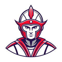 Red and White Warrior Mascot with Helmet and Stern Expression Illustration
