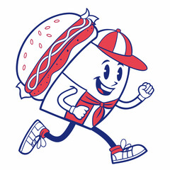 Running Hotdog Cartoon Character with Cap and Bowtie Delivering Fast Food