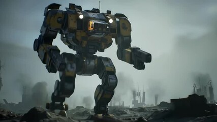 Heavy armored robot in futuristic battlefield