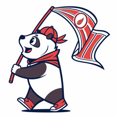 Cartoon Panda Mascot Holding a Flag with Stripes and a Circular Emblem