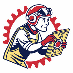 Retro Engineer Inspecting Circuit Board with Gear Background Illustration