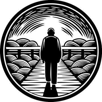 Monochrome Illustration of a Person Walking Away on a Path to the Horizon