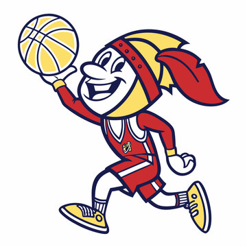 Cartoon Mascot of a Basketball Player with a Unique Headdress and Basketball