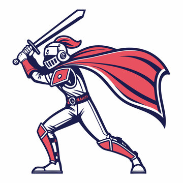 Illustration of a Knight in Armor with Sword and Flowing Red Cape