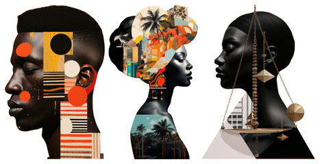 PNG Abstract Afrocentric artistic portraits, element set on transparent background
