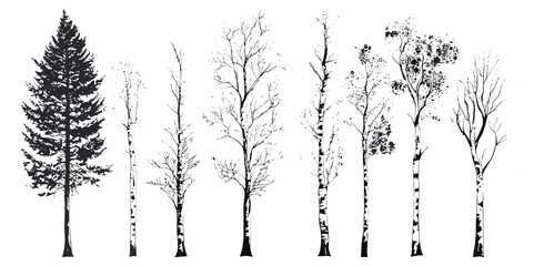 Birch tree winter snow icons, hand-drawn forest silhouette, alpine forest theme, wild tree, black tree, tree vector, vector illustration, nature scene, cold season landscape.