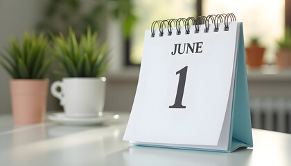 Desk calendar displaying June 1st with plants and cup in background -  