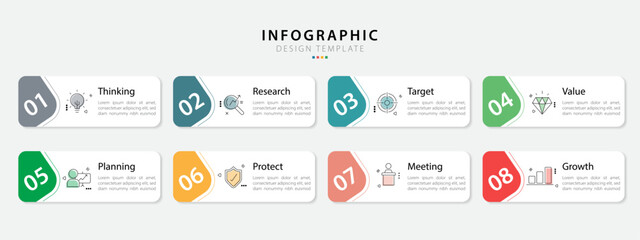 Timeline Creator infographic template. 8 Step timeline journey, calendar Flat simple infographics design template. presentation graph. Business concept with 8 options, gantt vector illustration.