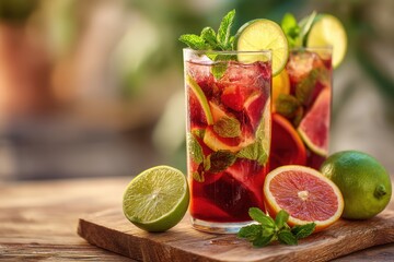Fototapeta premium Refreshing Citrus Mocktail with Fresh Mint and Colorful Fruits