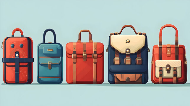 Variety of colorful bags and backpacks in a flat style illustration. - Powered by Adobe