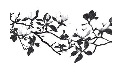 Bloom Season Magnolia Tree, spring floral canopy engraved vector illustration, garden silhouettes, soft pastel forest elements, nature-inspired artwork, seasonal flora composition.