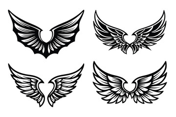 Fototapeta premium Four Black and White Stylized Wings: Angelic, Symbolic, and Decorative Illustrations in Vector Format. 