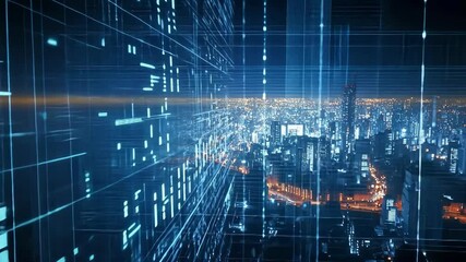 Futuristic cityscape with digital data overlay - Powered by Adobe