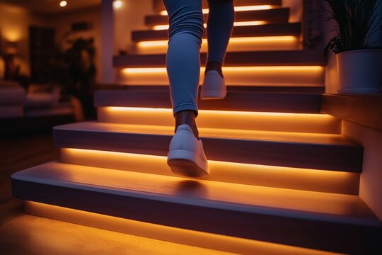 Stair nosing replacement in warm, inviting setting. Concept of stair nosing replacement highlights renovation, cozy atmosphere, illuminated stairs. 