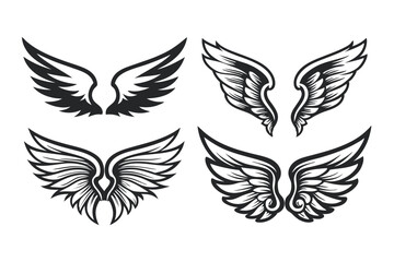 Fototapeta premium Vector Set: Four Distinct Black and White Wing Designs on a Clean Background 