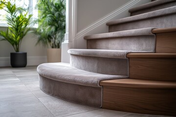 Modern room featuring wooden staircase with stair tread fabric application, renovation touch, bright lighting, and inviting aesthetic. Concept of stair tread fabric application enhancing style.