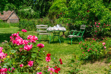 Beautiful garden setup with a table and chairs under the sun, surrounded by vibrant flowers and greenery, creating a relaxing and idyllic outdoor atmosphere perfect for leisure and tranquility