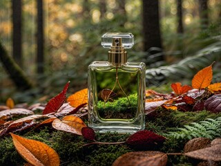 A parfum bottle with leafs in the forest