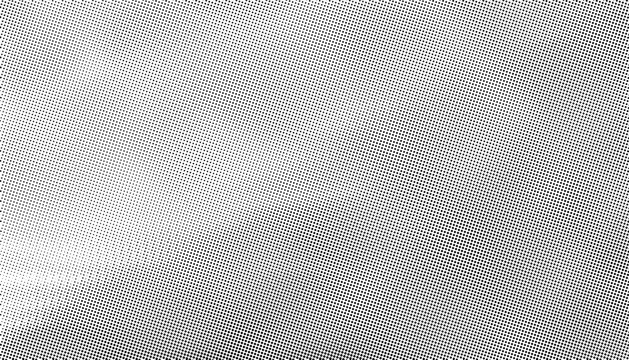 Black dotted textured background, sheet of crumpled craft backdrop. Noisy gritty dot halftone effect, retro banner in grunge style, overlay. Vintage vector illustration.