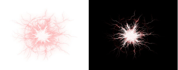 Dramatic lightning strike and thunder overlay with electric storm energy. Powerful weather effect ideal for dramatic nature scenes and designs. Isolated PNG background.