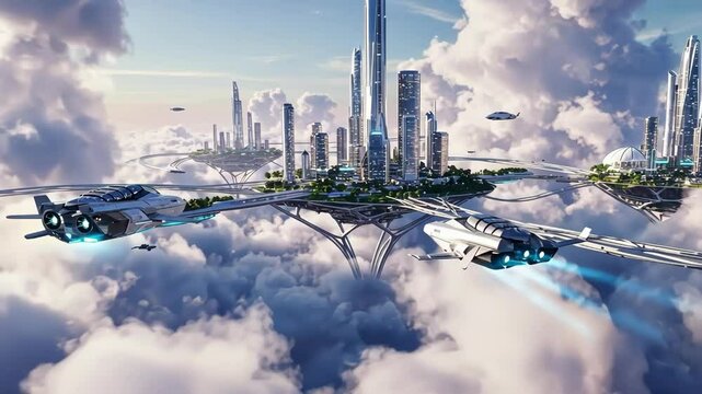 Futuristic city above clouds, utopian skyline